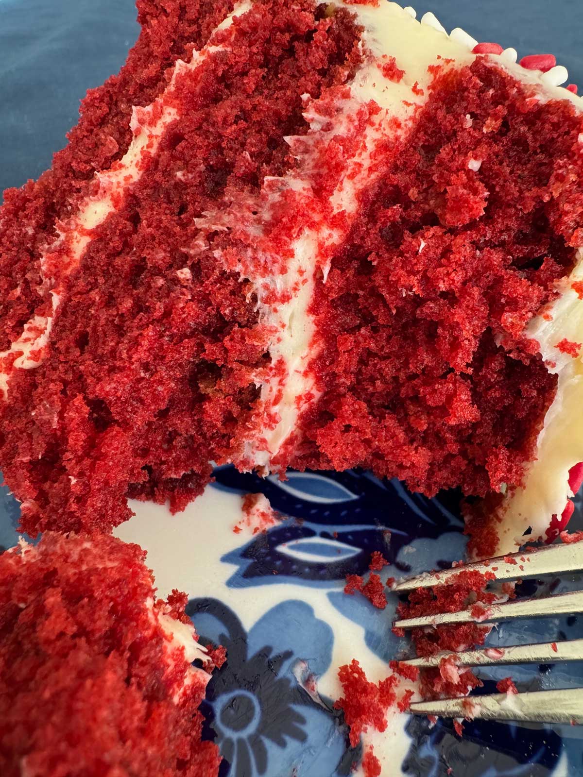 Three layer red velvet cake made with 1 cup of oil and ½ cup of butter and White Lily flour.