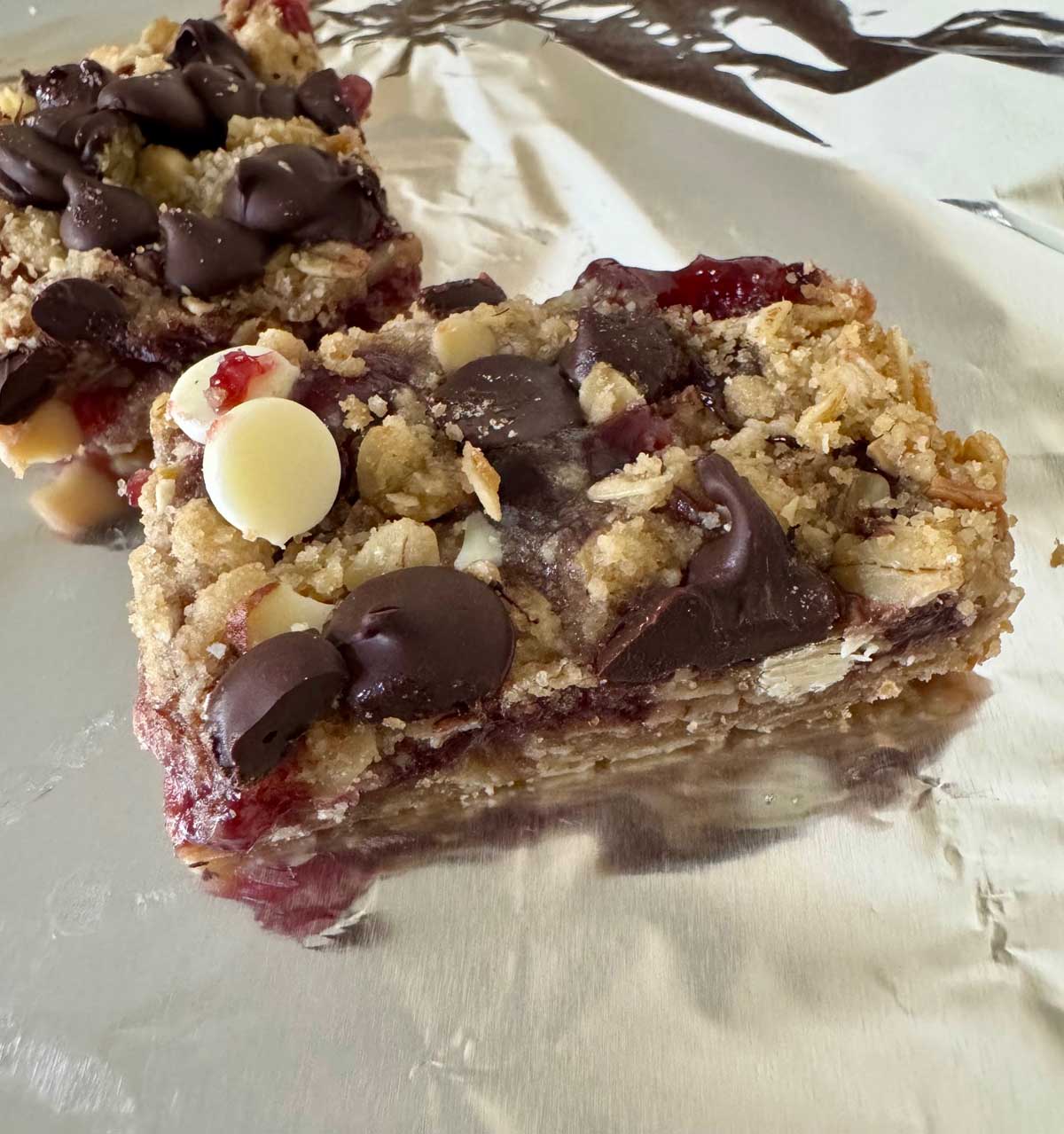 A Raspberry Streusel bar or Chocolate Raspberry Square from an old Quaker Oats recipe.