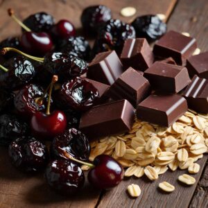 Dried cherries, chocolate and oats ready to be used in oatmeal cookies