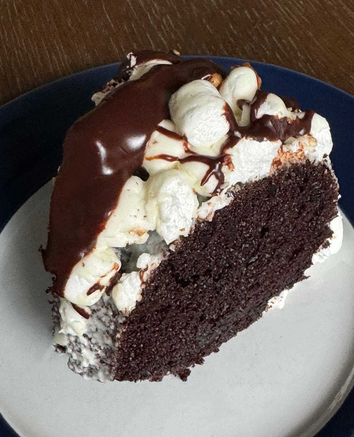 Slice of marshmallow coated chocolate Bundt cake aka Rocky Road Bundt Cake