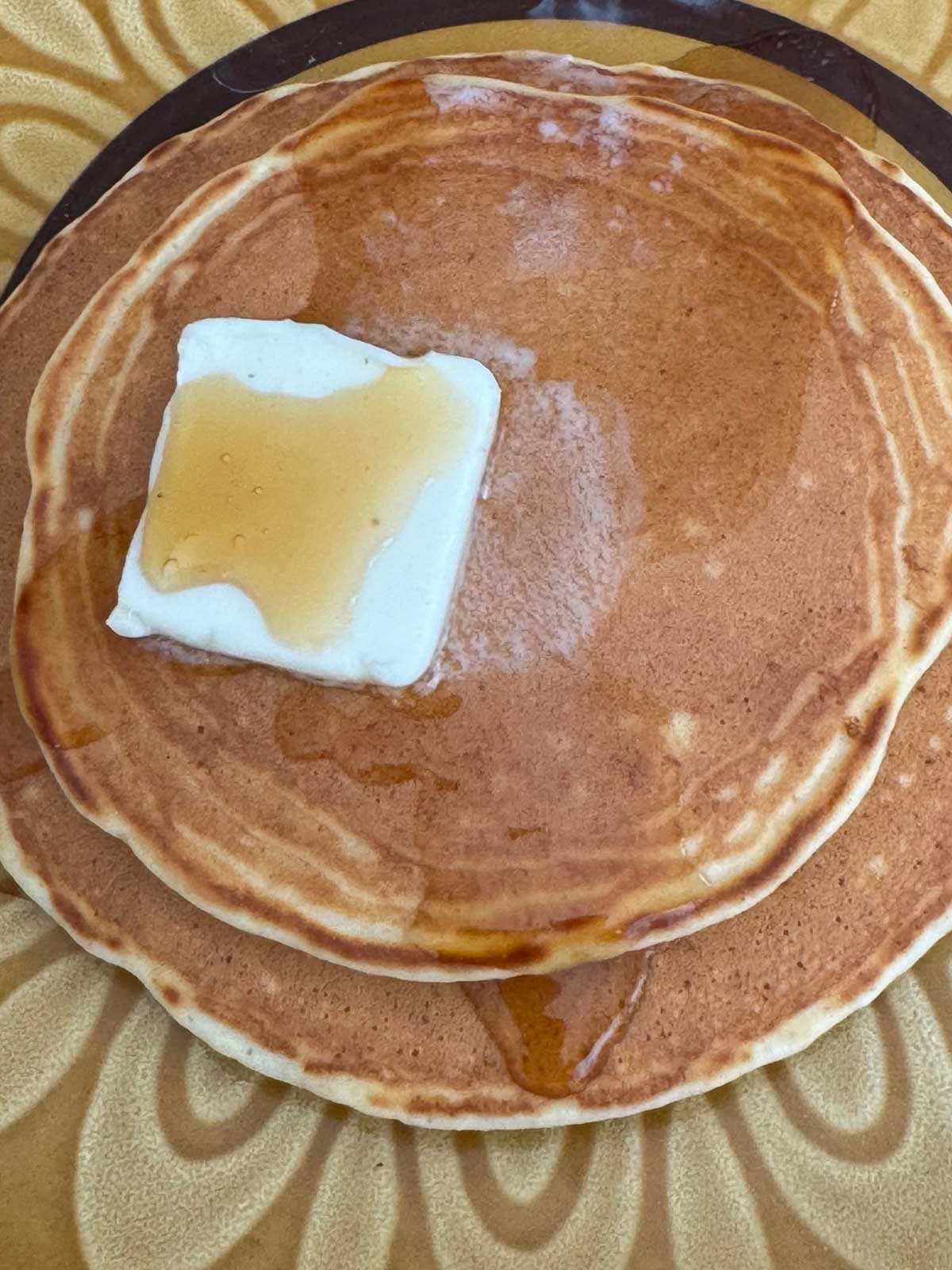 Malted milk powder pancakes flavored with buttery oil and cake batter flavoring