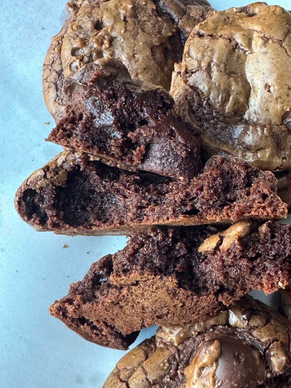 Very fudgy interior of a chocolate mocha cookie recipe.