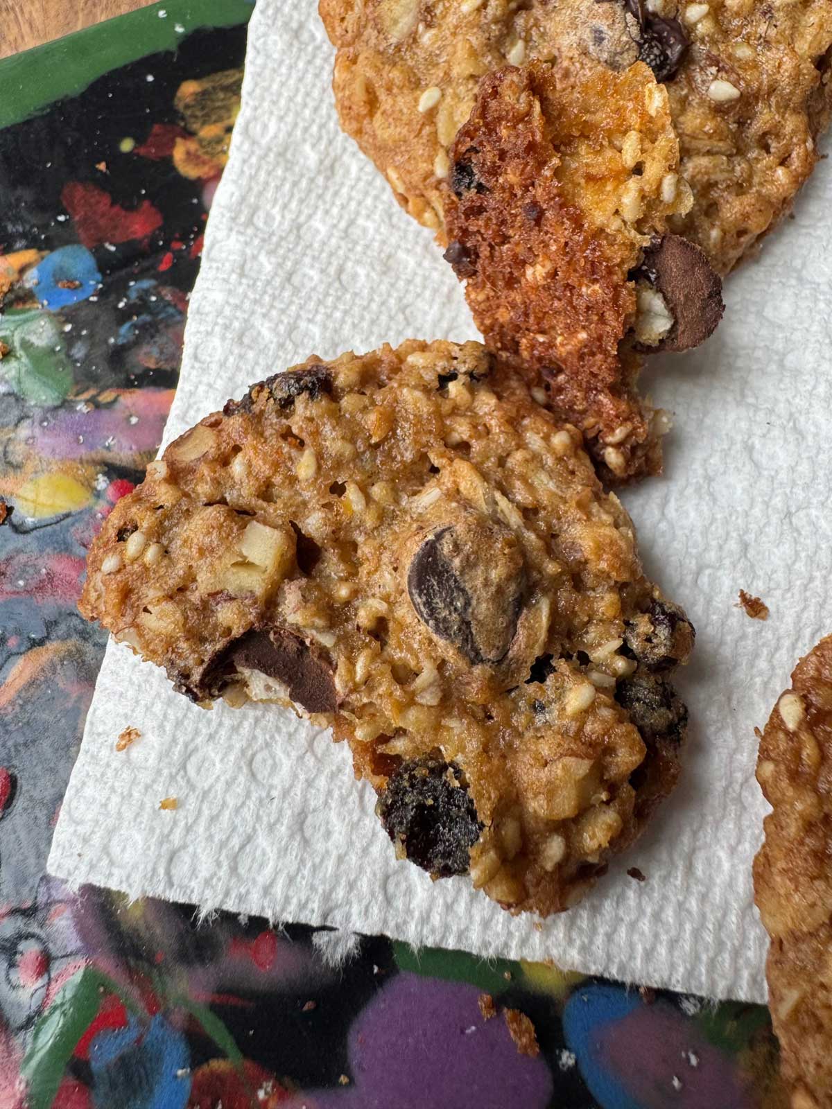 Crisp Oat, Sesame, Flaxseed Cookies broken to show crumbs.