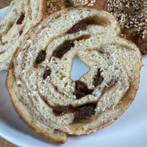 Cinnamon raisin flavored New York style bagel.