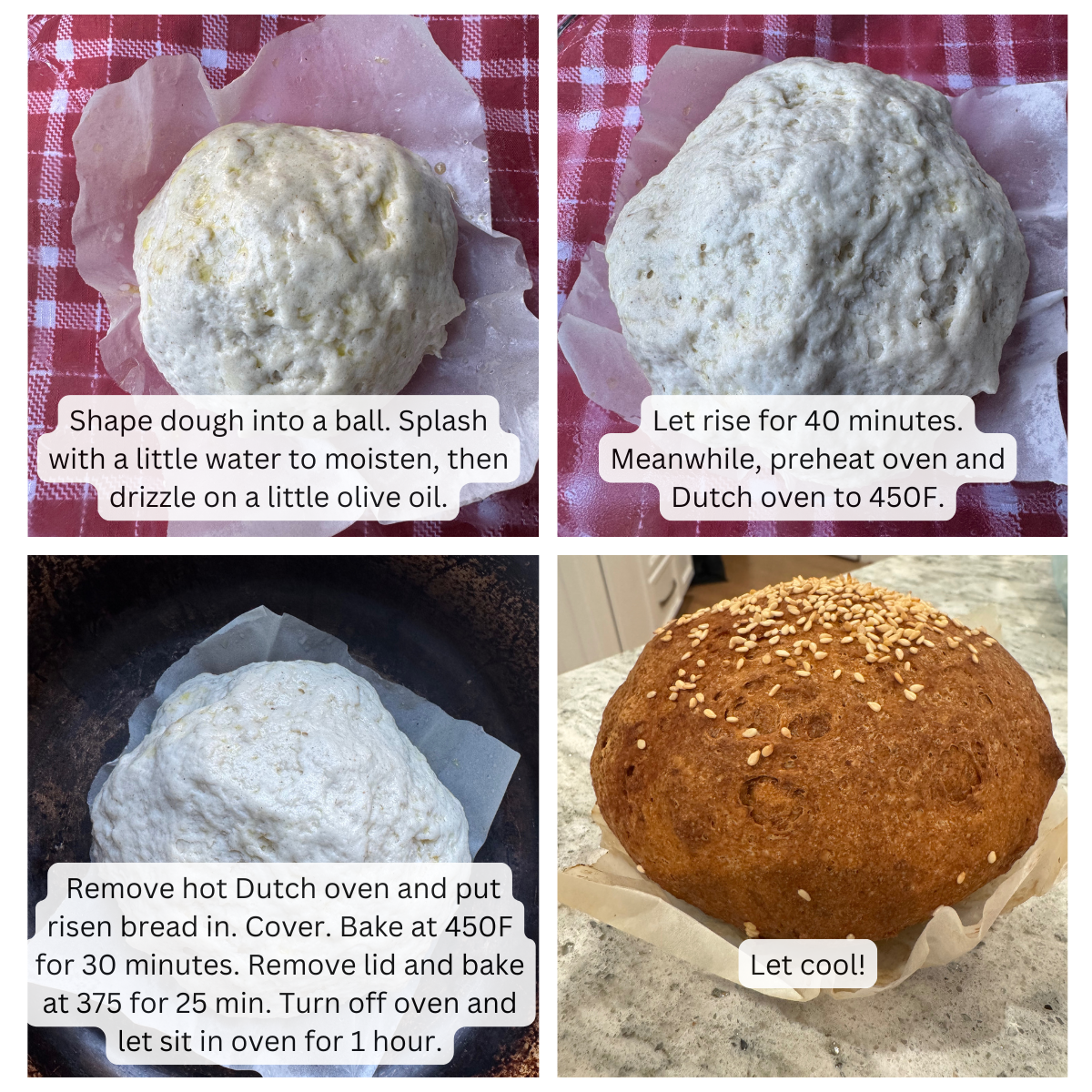 Steps for making gluten-free Dutch oven bread using Cup4Cup multipurpose flour.