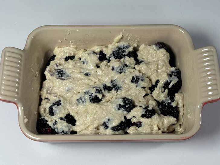 Shiny Top Blackberry Cobbler batter on top of berries