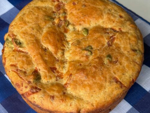 Batter Bread with Habanero and Pepitas baked in an oven-proof saucepan