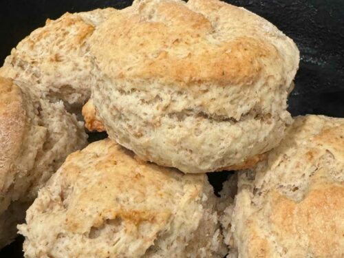 Whole wheat sky-high biscuits in a cast iron skillet
