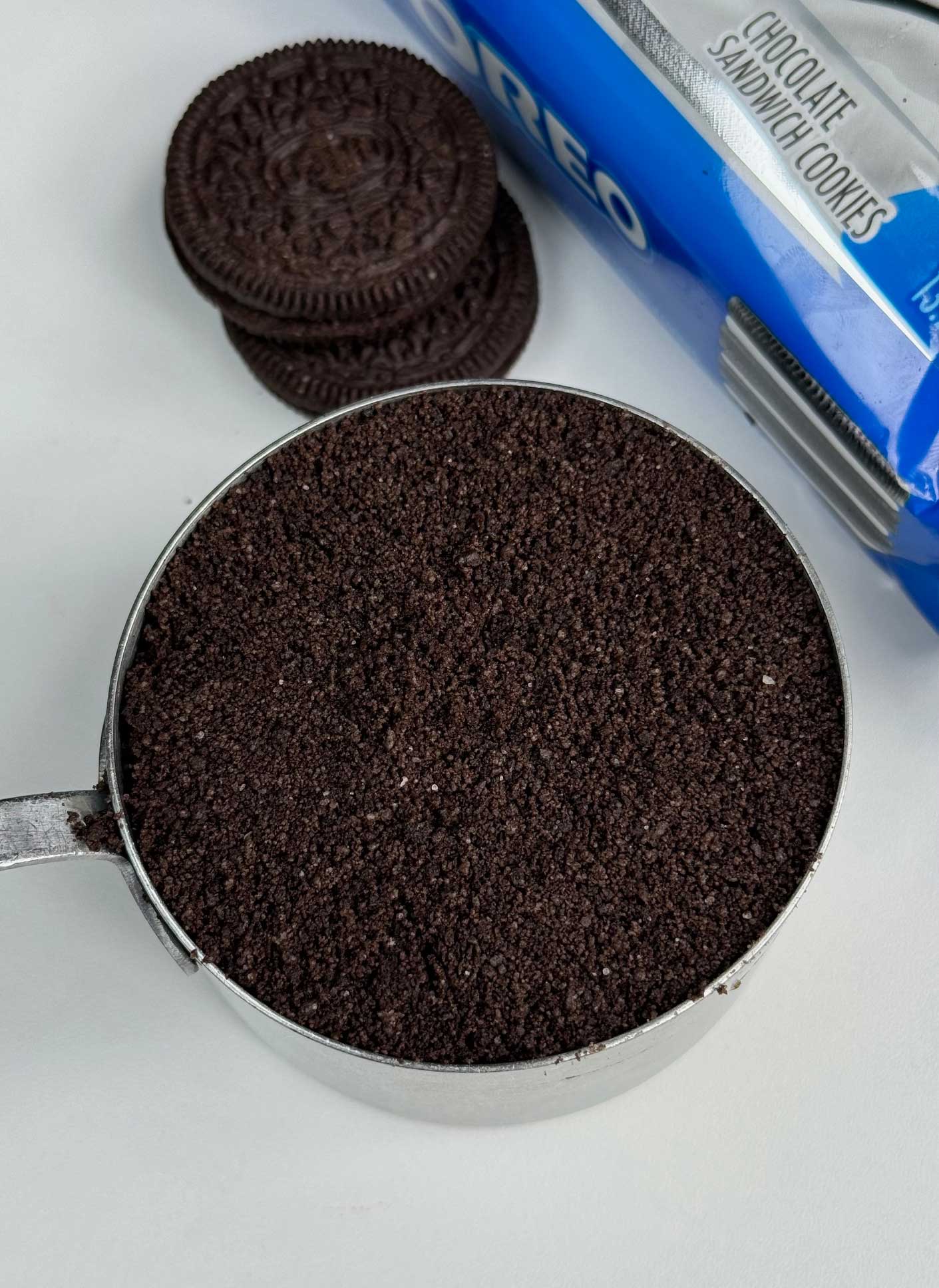 A cup of Oreo crumbs for Oreo crumb pie crust