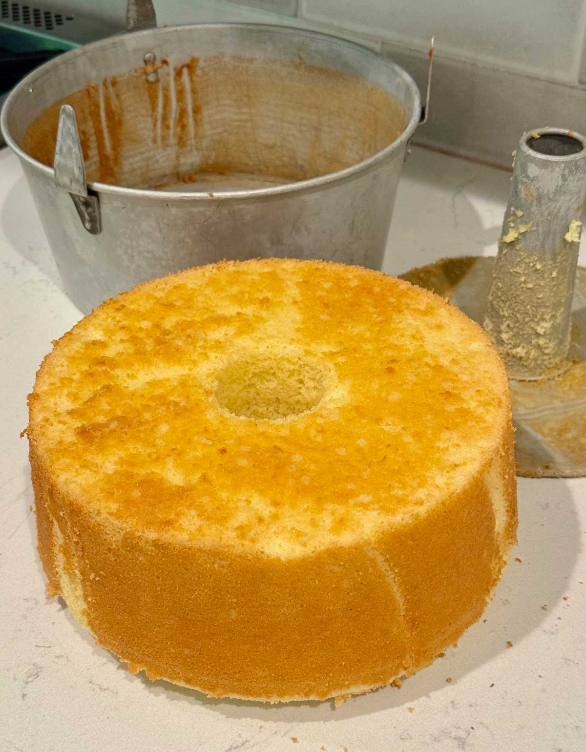 Chiffon cake turned out of the tube pan.