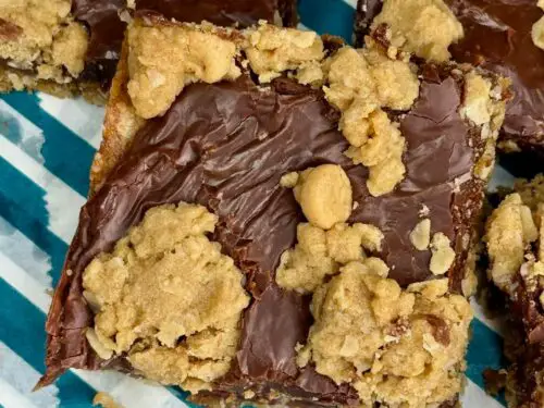 Peanut Butter Fudge Jumbles recipe baked in a 9-inch square Pampered Chef stoneware pan.