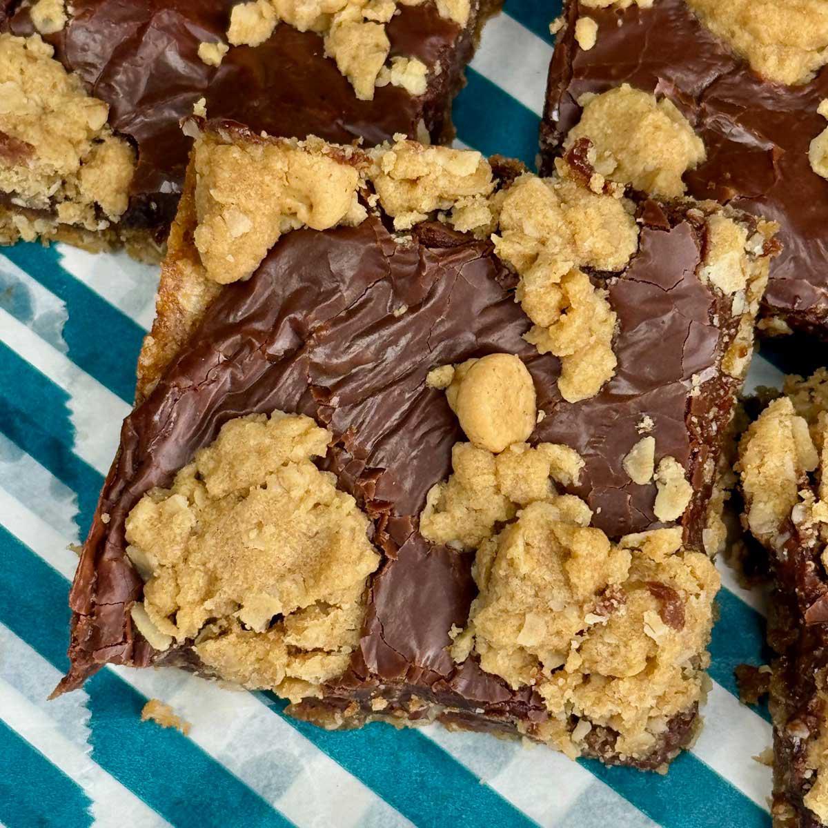 Peanut Butter Fudge Jumbles recipe baked in a 9-inch square Pampered Chef stoneware pan.