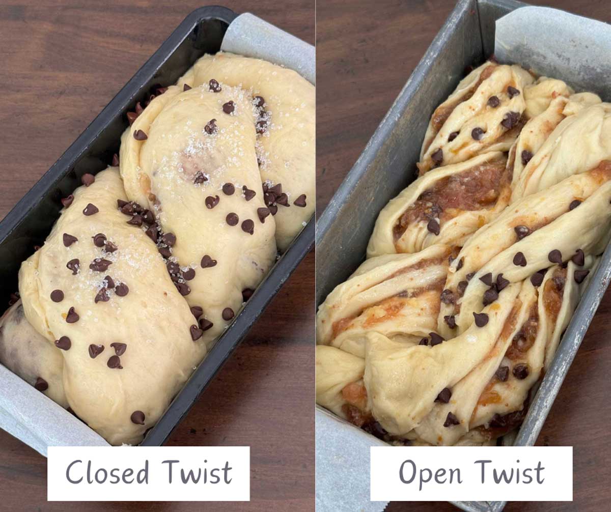 Babka Dough with a closed twist and an open twist before being baked.