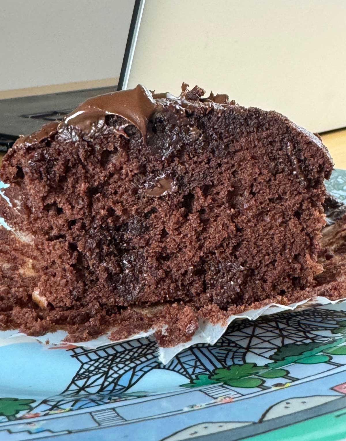 Texture of a jumbo chocolate muffin made without instant pudding mix.