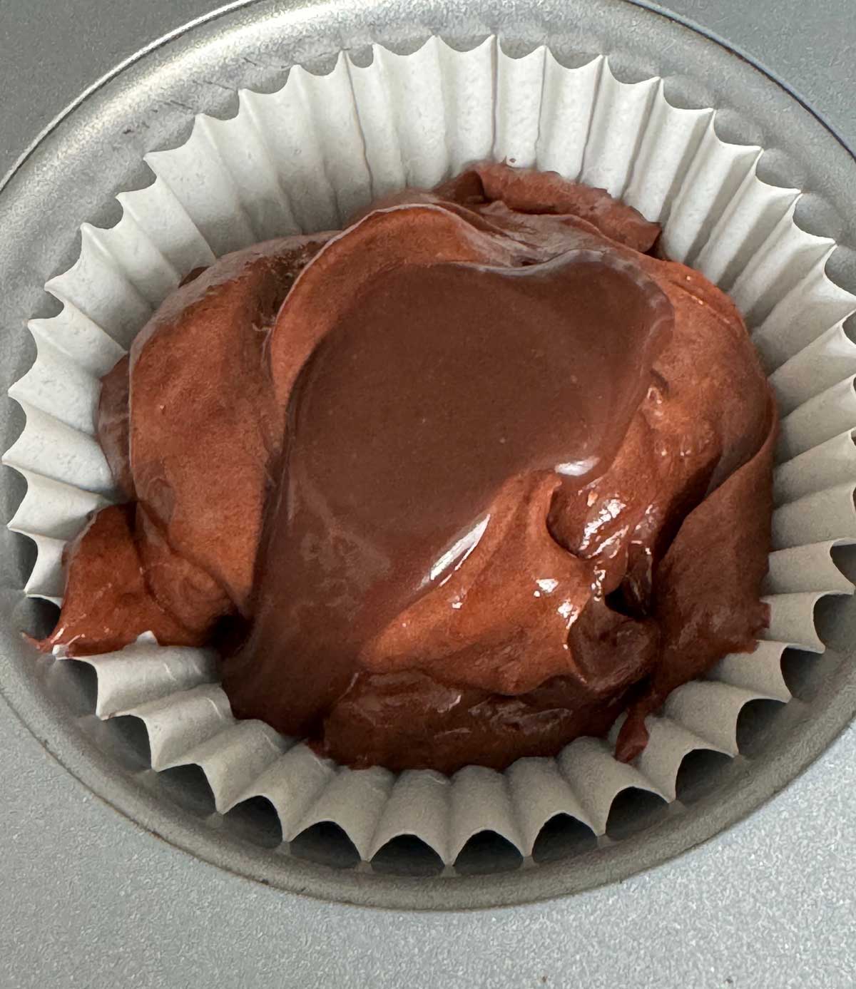 Olympics Chocolate Muffin Batter with Ganache in a jumbo muffin tin