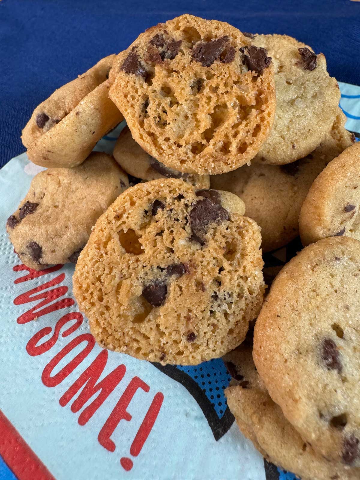 Browned Butter Mini Chocolate Chip Cookies flipped over to show texture.