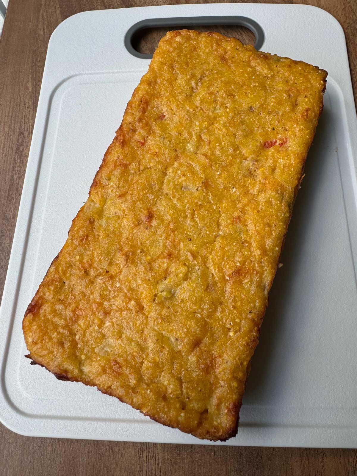 Flourless Mexican Cornbread ready to be cut.