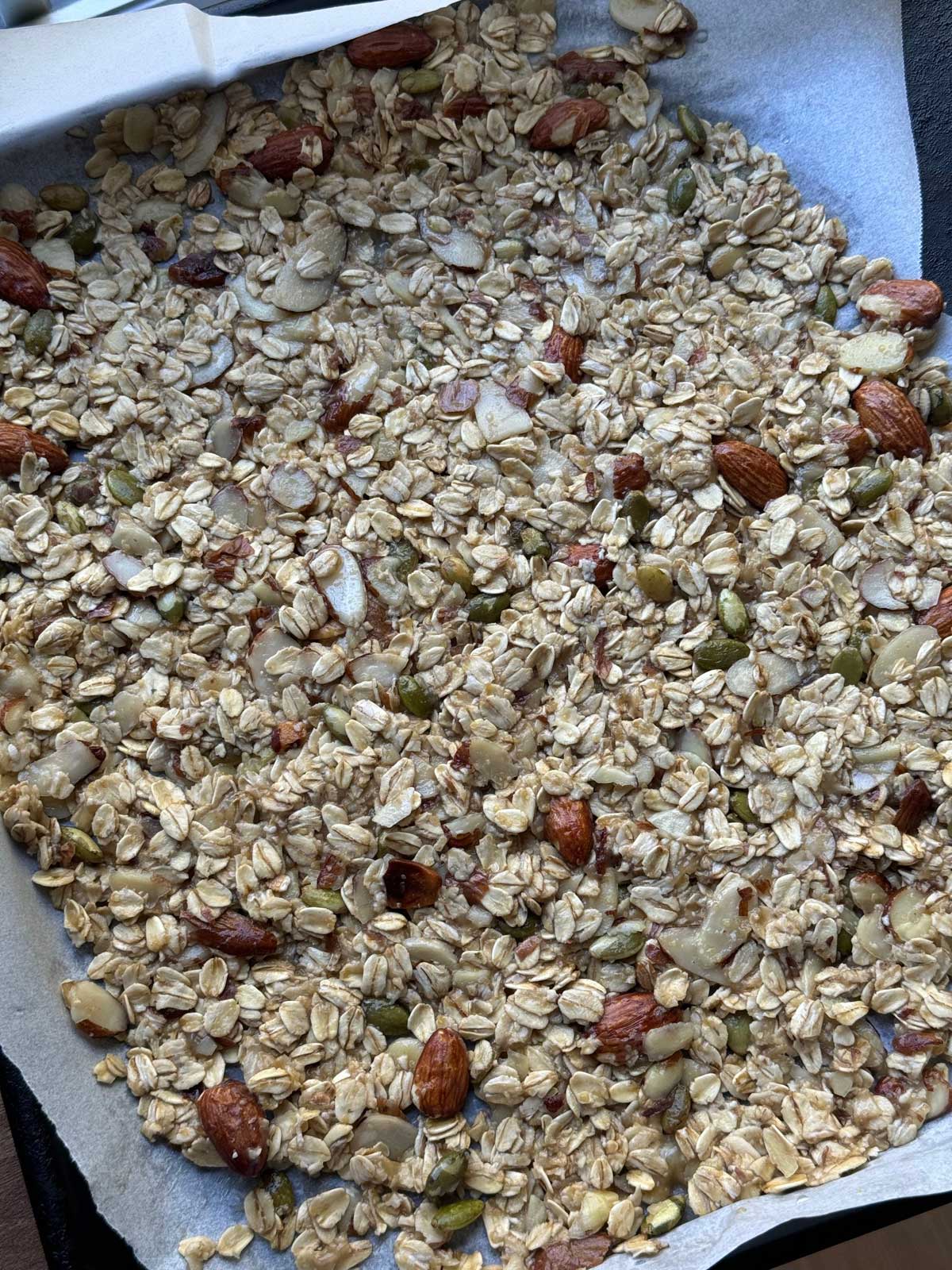 Unbaked slab of banana nut granola