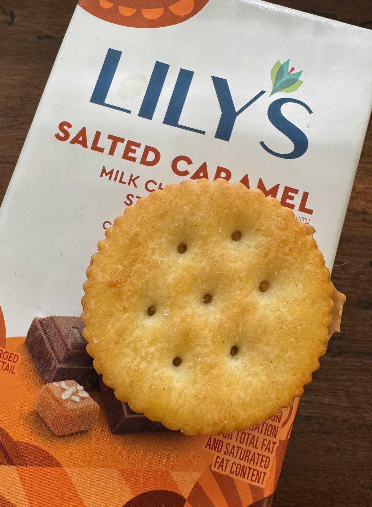 Lily's Salted Caramel Milk Chocolate can be used to make chocolate covered Ritz sandwich cookies.