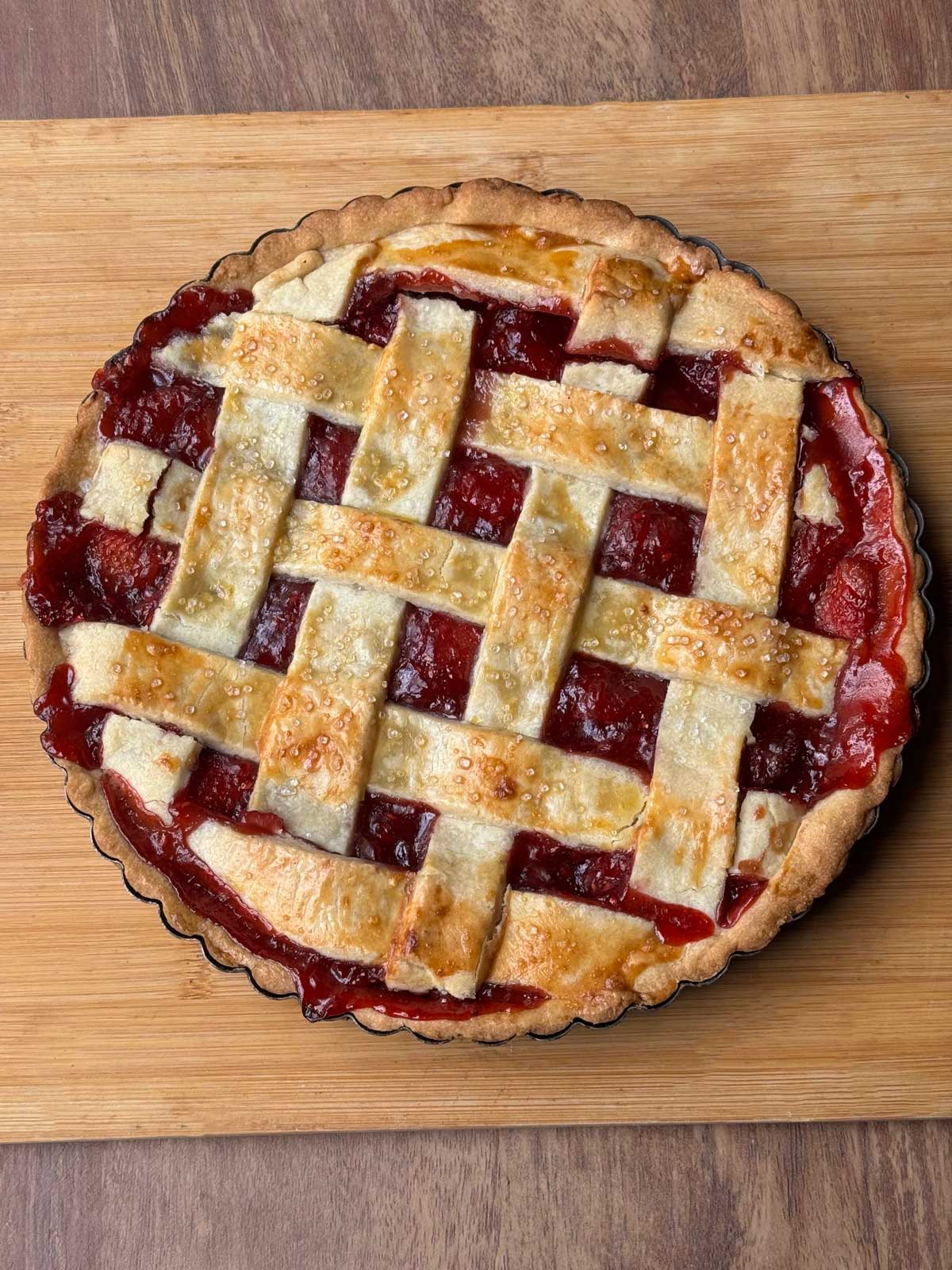 A frozen fruit crostata made with strawberries, mangoes and raspberries. You can use any fruit.