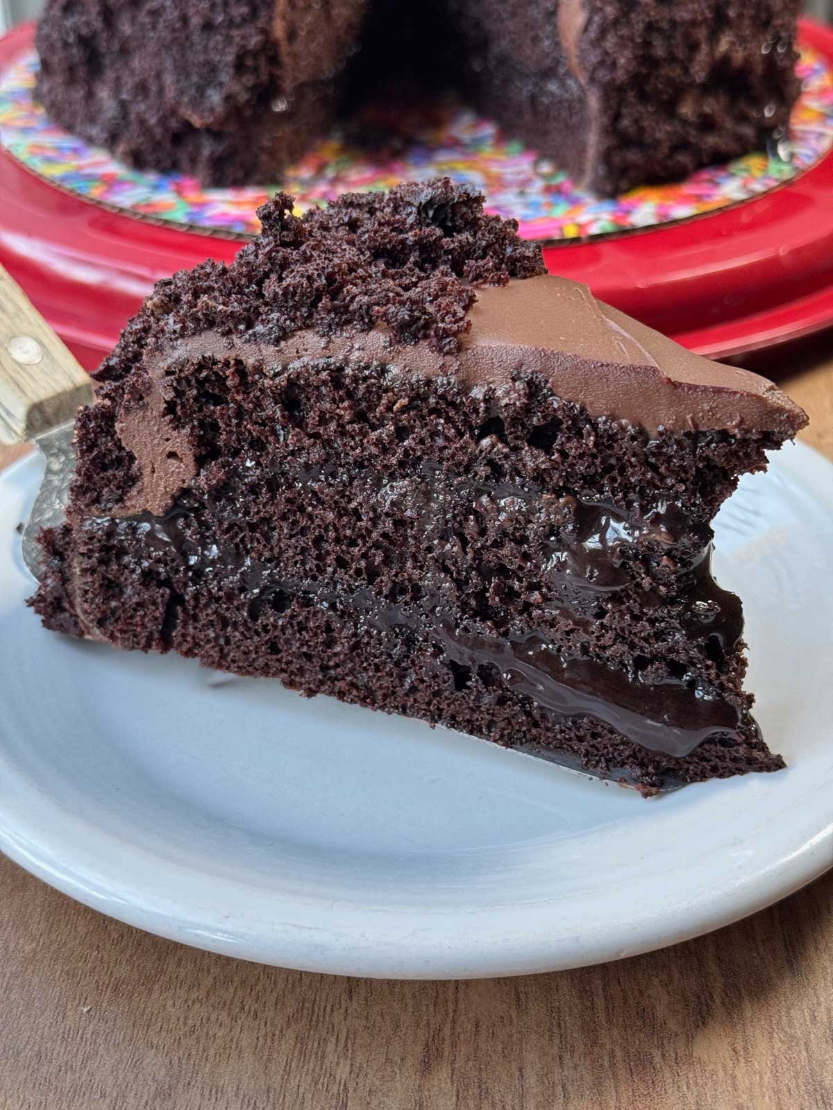 A slice of Brooklyn Blackout Cake tribute to the Ebinger's recipe.