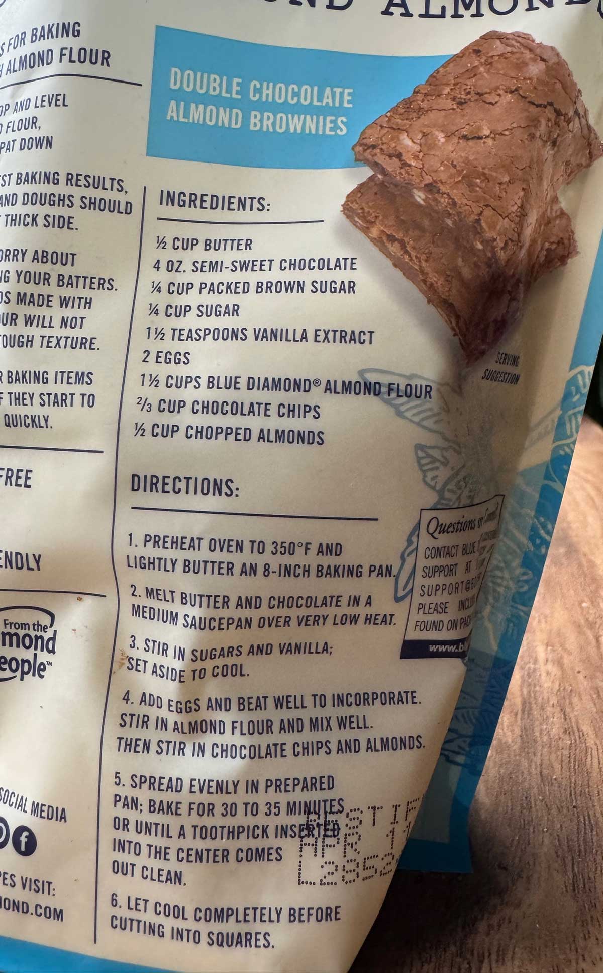 The recipe from the back of the Diamond almond flour bag for Double Chocolate Brownies