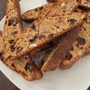 Protein Biscotti on a plate showing texture of biscotti that's made with protein powder and almond flour.