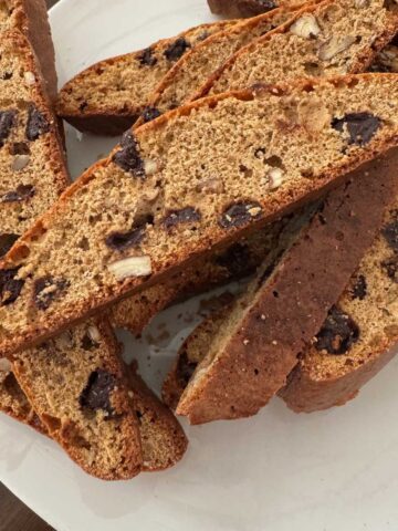 Protein Biscotti on a plate showing texture of biscotti that's made with protein powder and almond flour.