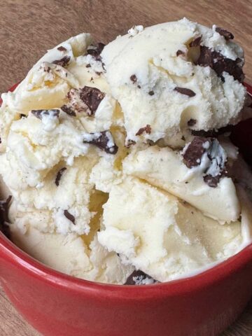 A bowl of homemade ricotta cheese ice cream with chocolate chunks recipe