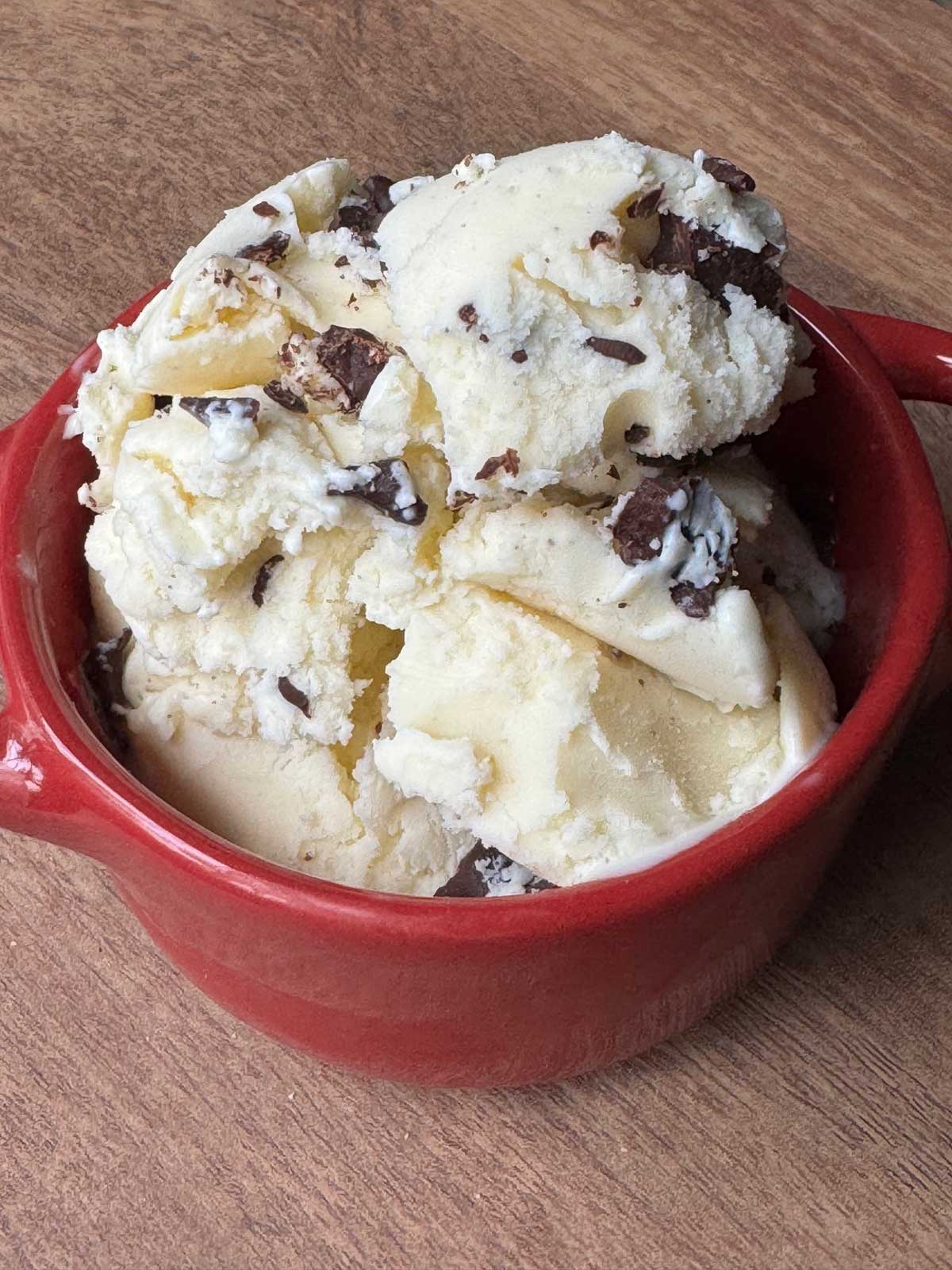 A bowl of homemade ricotta cheese ice cream with chocolate chunks.