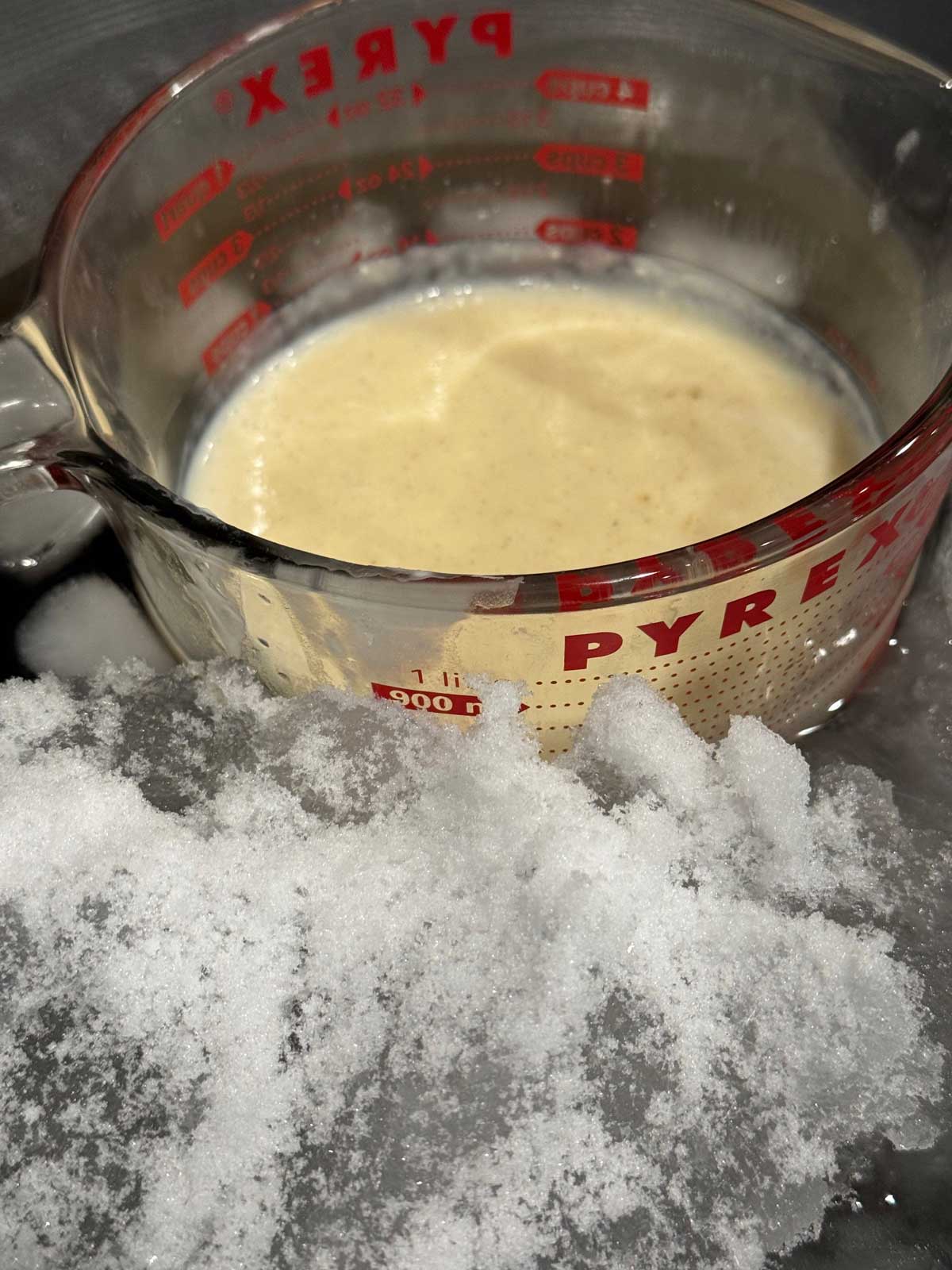 Allulose ice cream in an ice batch waiting to be churned.