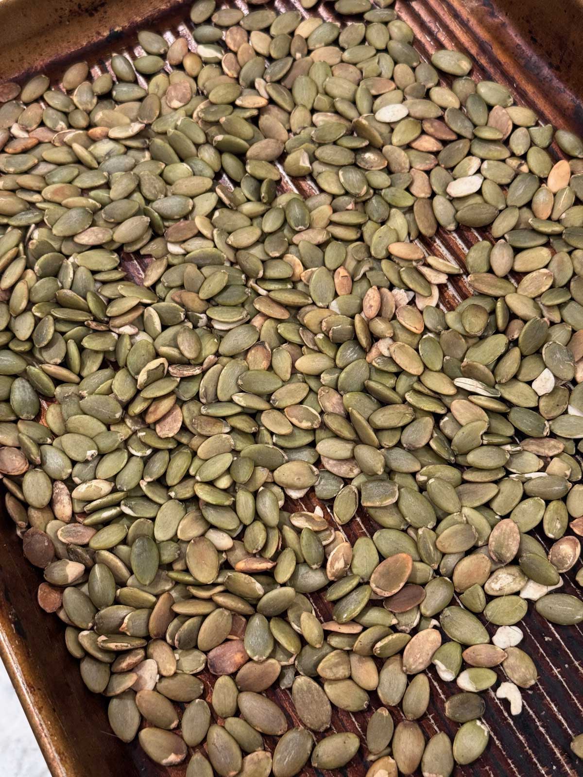 Toasted pumpkin seeds on a rimmed baking sheet.