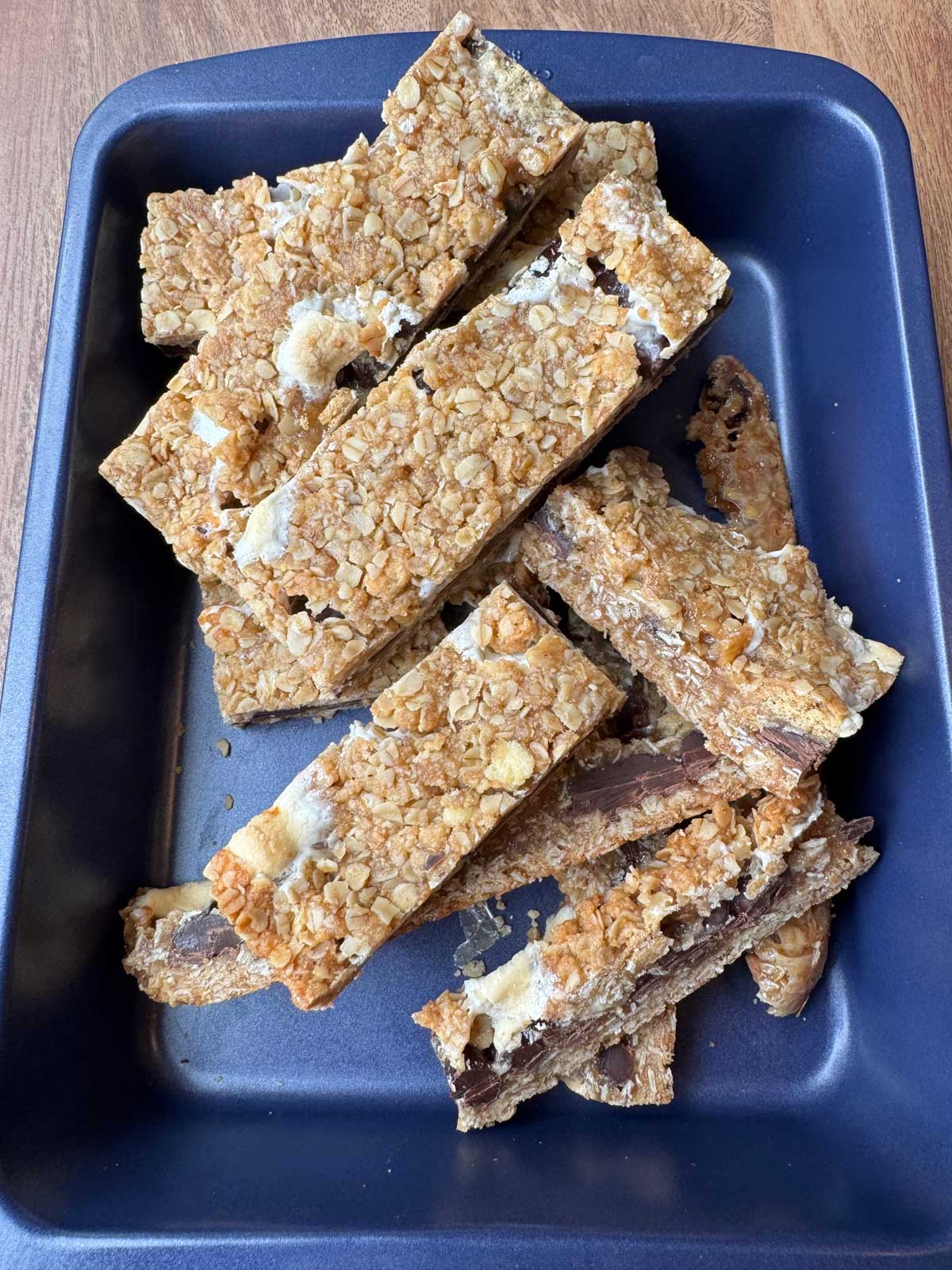 Trimmed and cut as large and small chewy granola bars.