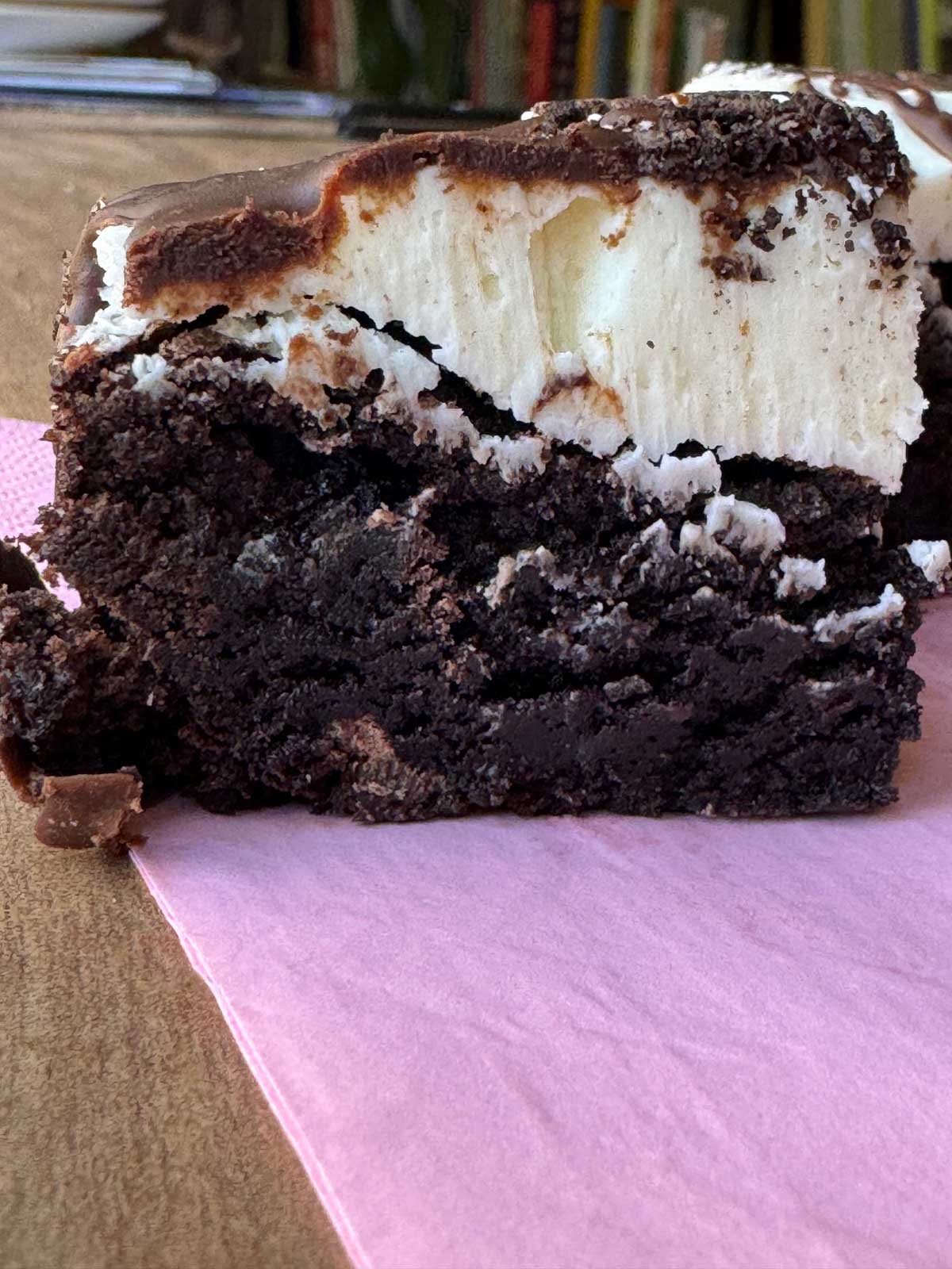 Side view of a Crumbl Oreo Brownie