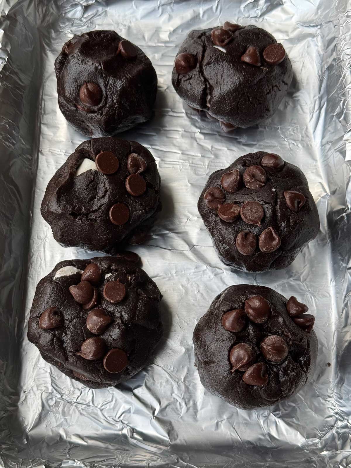 Chocolate Marshmallow Cookies with black cocoa powder dough balls